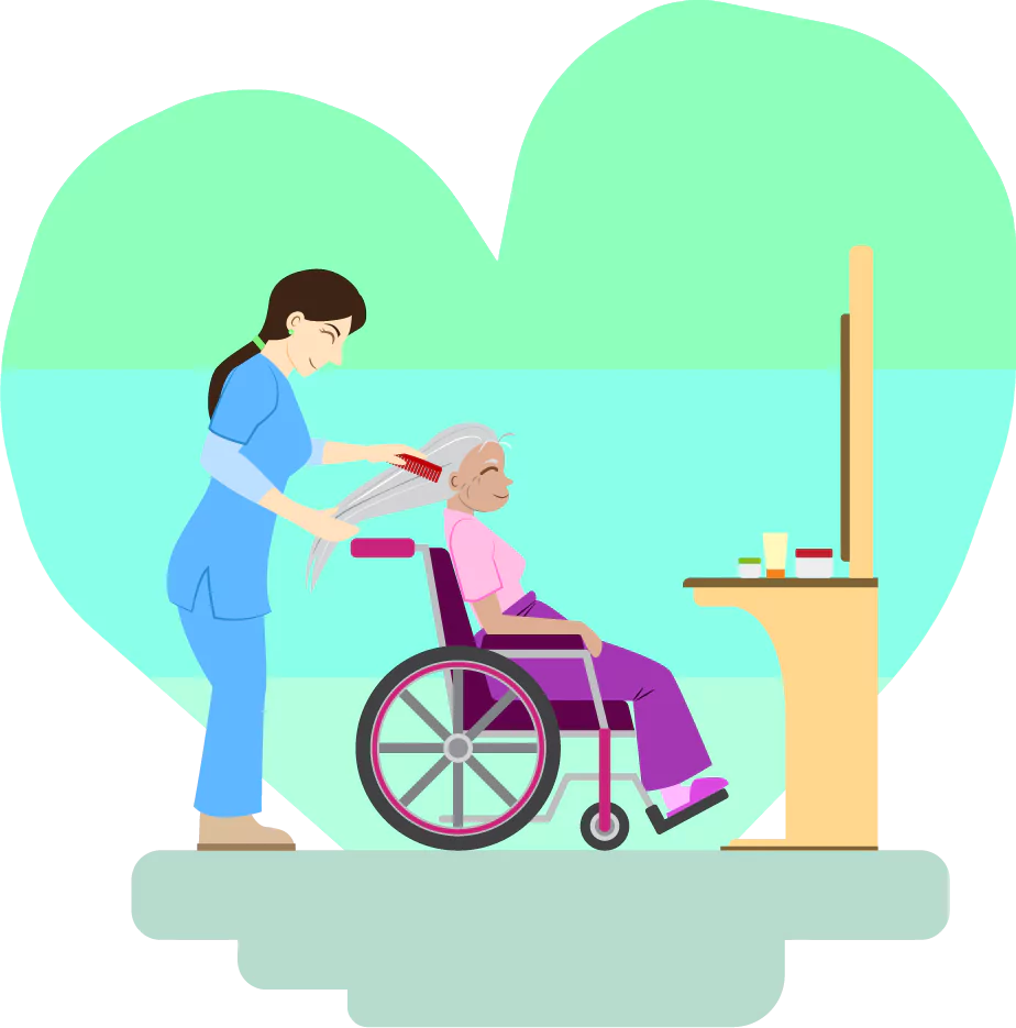 An elderly woman sitting in her wheelchair and her nurse brushing her hair