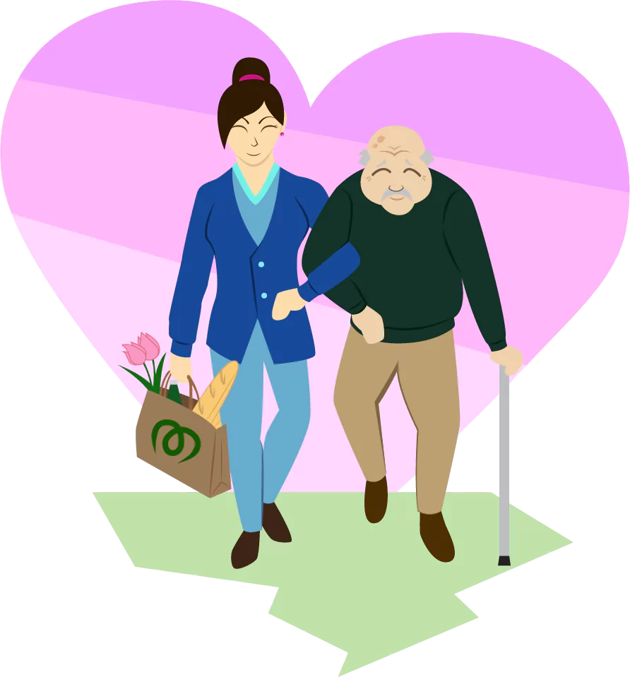 An elderly man and his nurse walking side by side